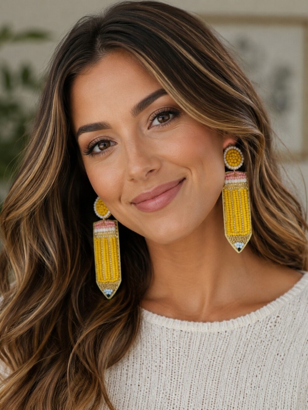 Handmade Yellow Beaded Pencil Drop Earrings